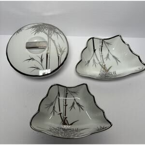 3 Kutani Porcelain Silver Bamboo Owl Sugar Trinket Bowl w/Lid Two Candy Dishes
